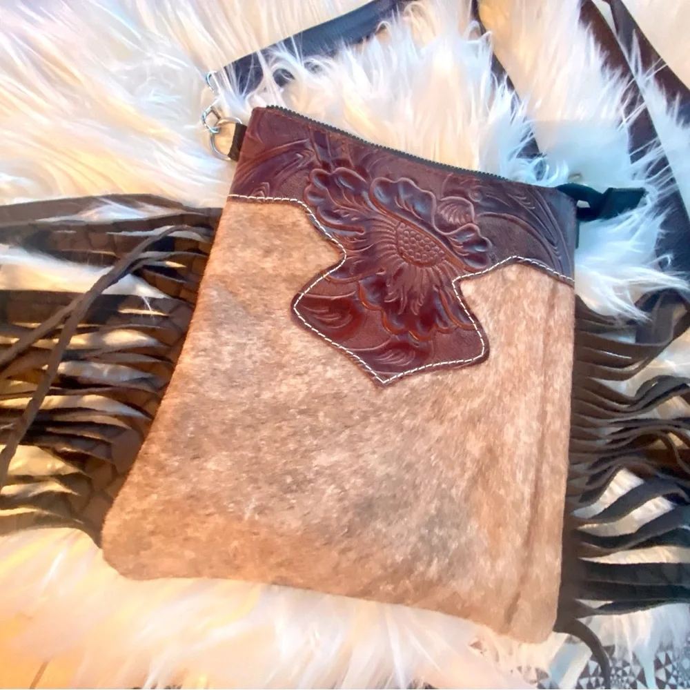 Genuine Cowhide Hair Embossed Leather Western Fringe Crossbody Boho Purse